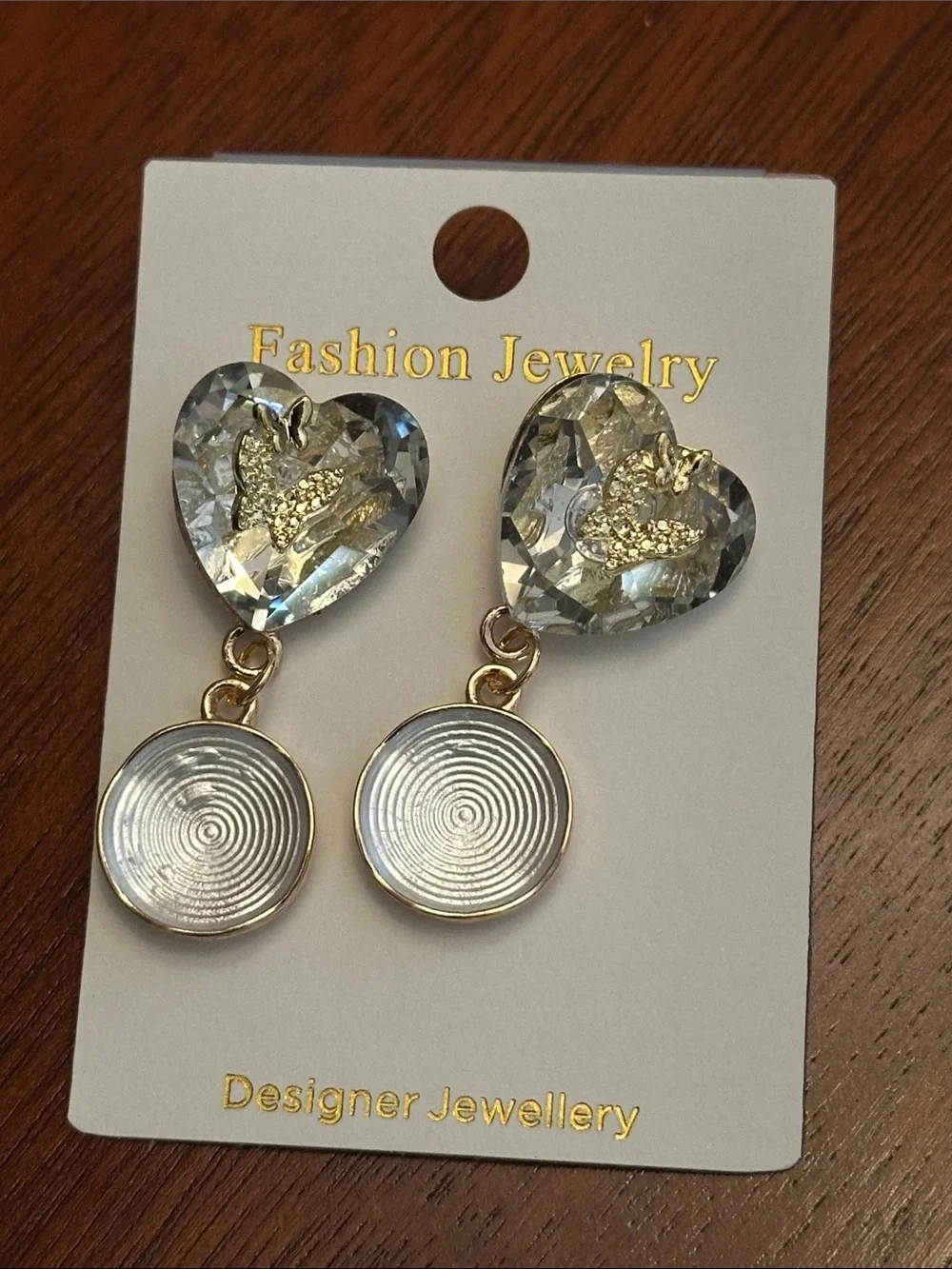Fashion Jewelry Gold and Clear Heart Drop Earrings with Textured Discs